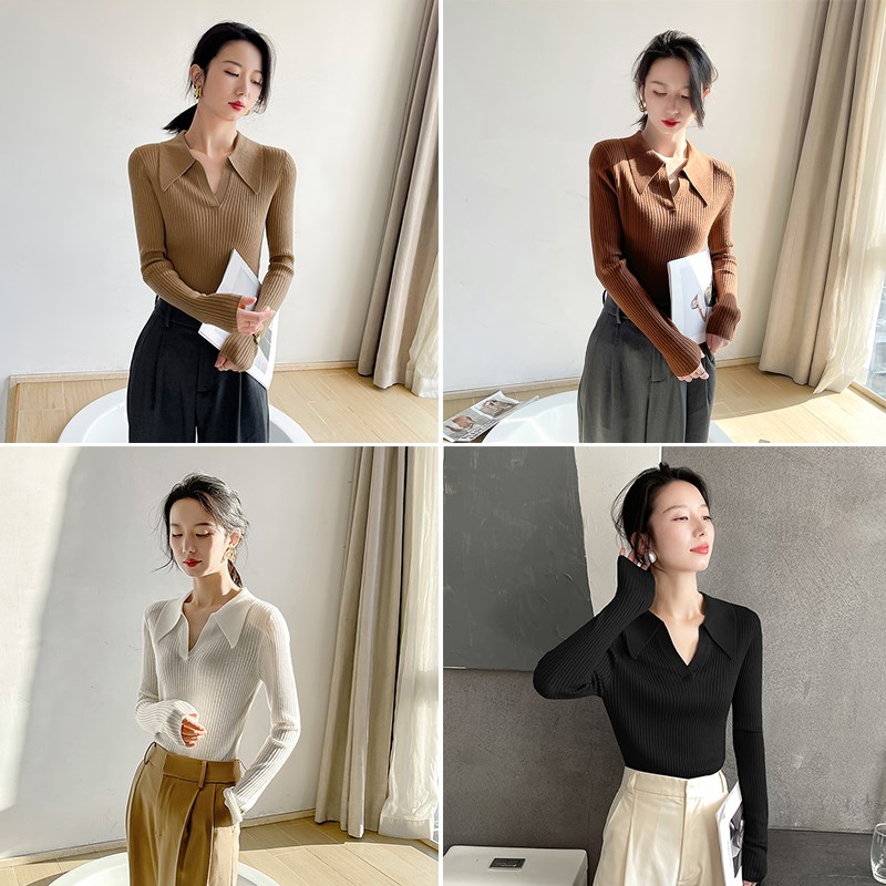 杏色v领针织衫女长袖2024秋冬polo套头设计感修身高级感打底上衣