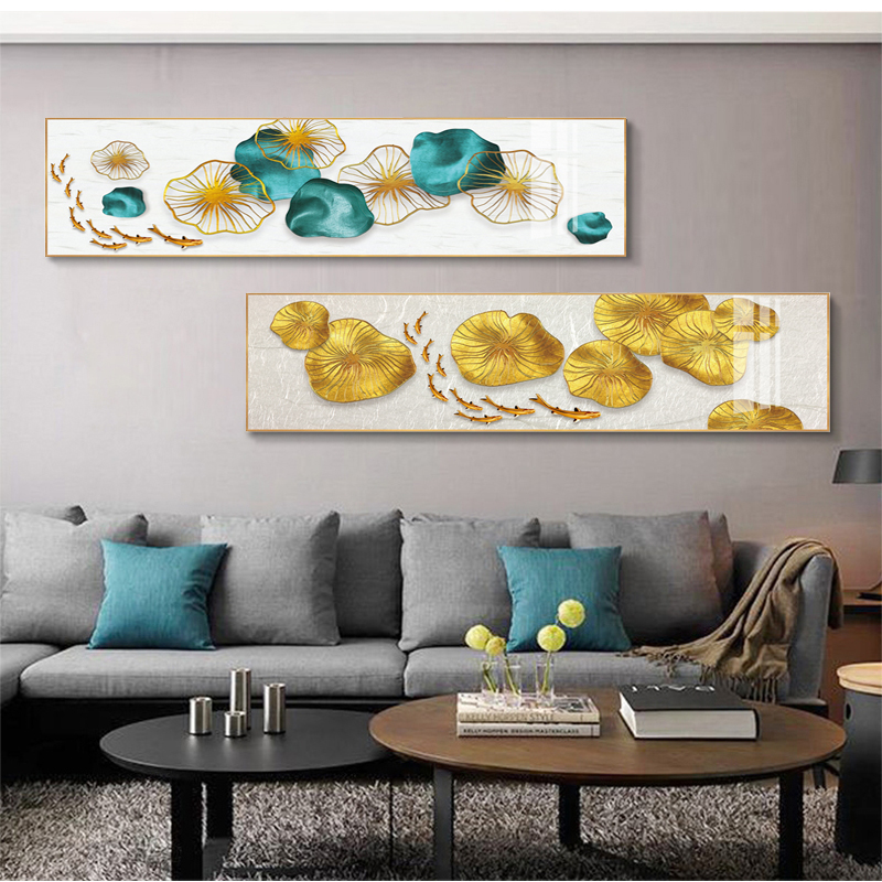 新中式床头装饰画长卧室横版挂画九鱼图客厅轻奢餐厅壁画九条鱼图片