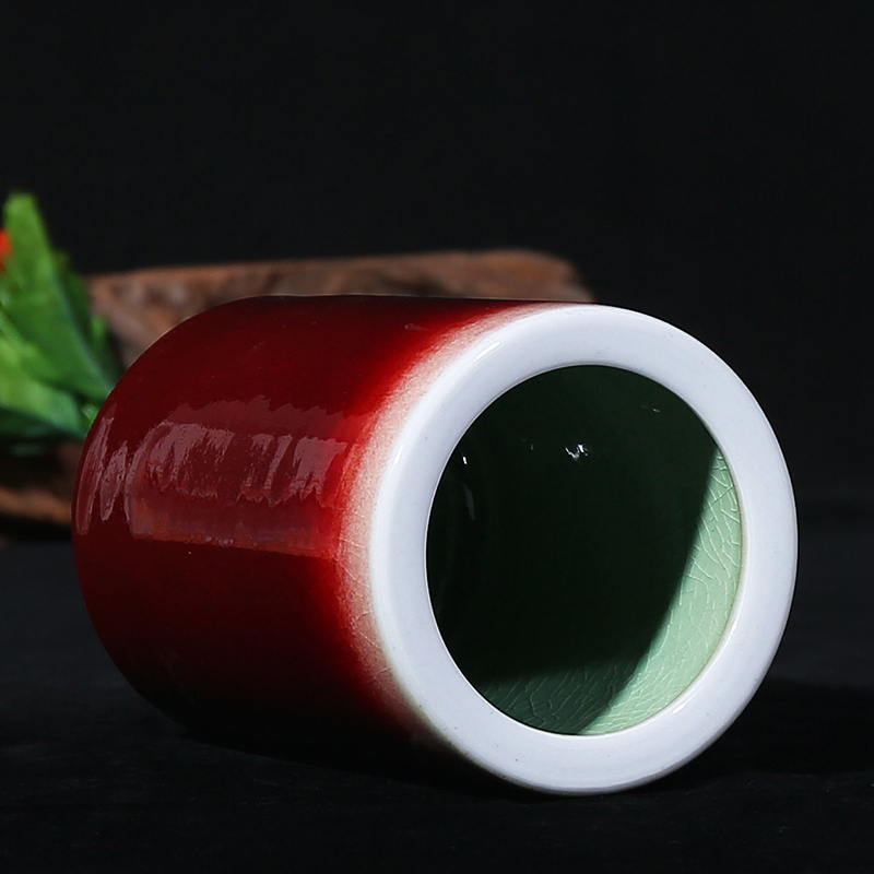 景德镇陶瓷器仿古郎红釉笔筒时尚办公室书房装饰摆件教师礼品大号