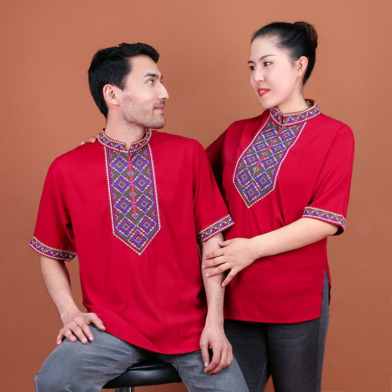 新疆维吾尔族服装夏季男女立领T恤衬衫舞蹈演出服饭店员工工作服