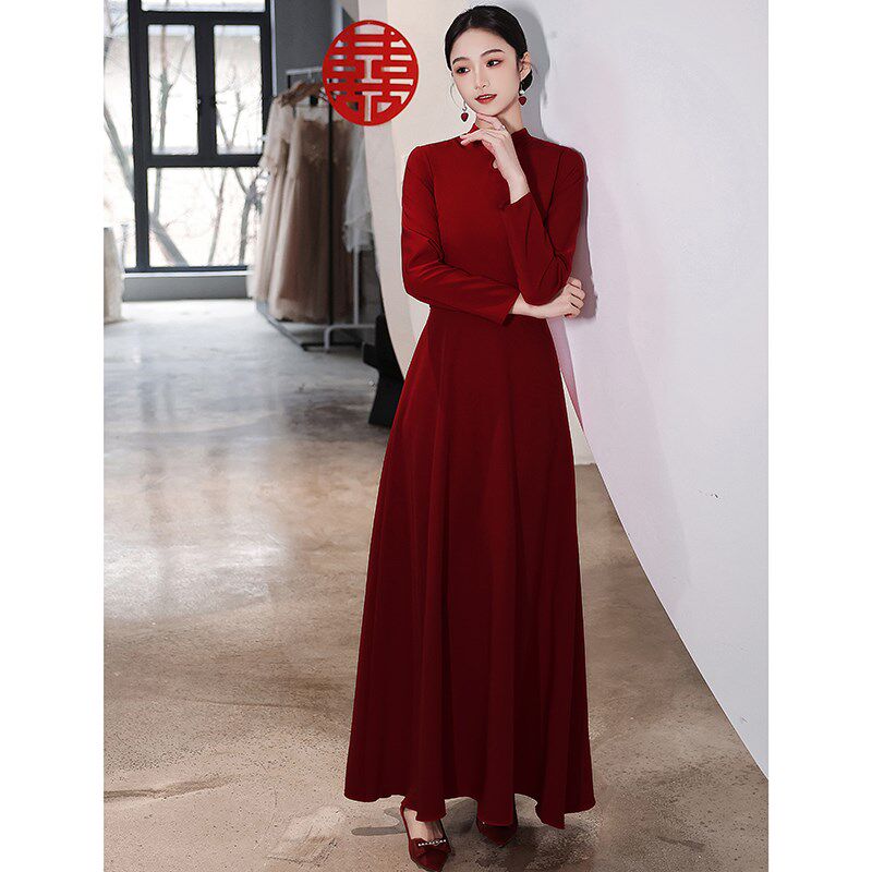 长袖敬酒服新娘秋冬季气质名媛结婚旗袍礼服裙女新中式长款回门