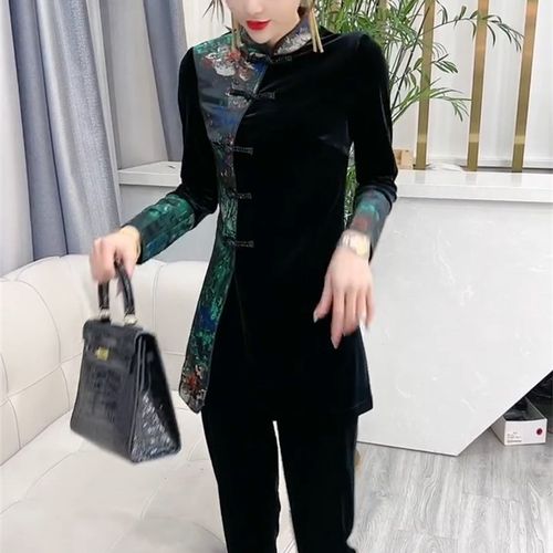 2024春新款时尚套装女气质修身显瘦国风盘扣旗袍上衣小脚裤两件套