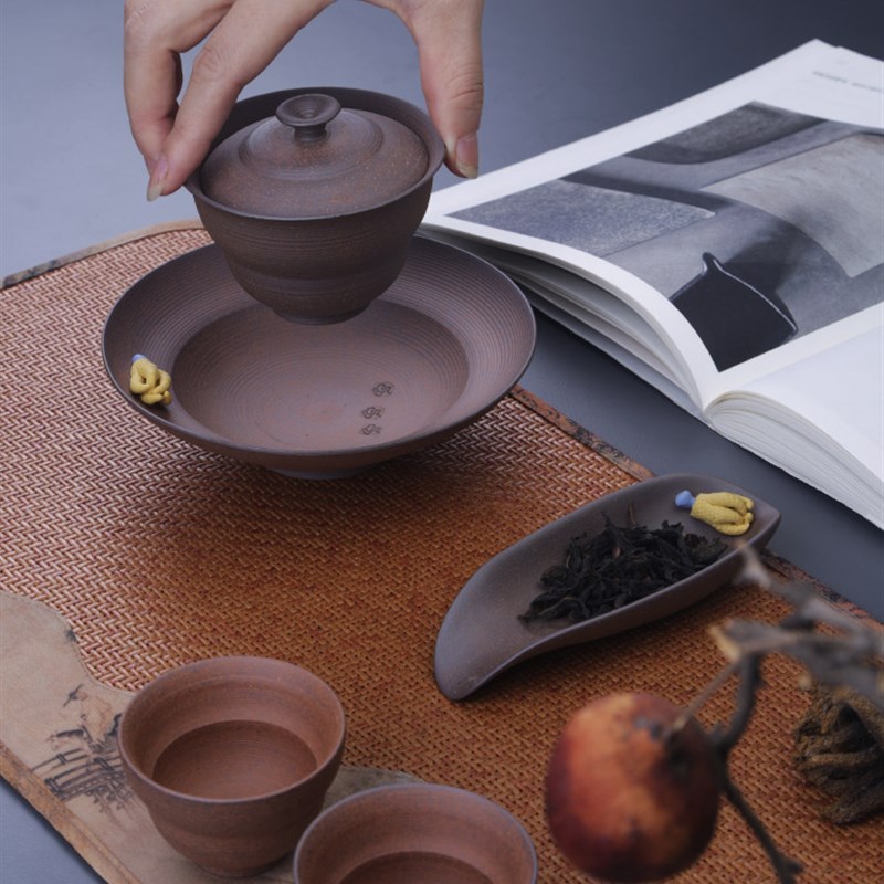 粗陶中式雕刻佛手茶则陶瓷禅意茶勺老岩泥仿柴烧复古茶荷茶道配件