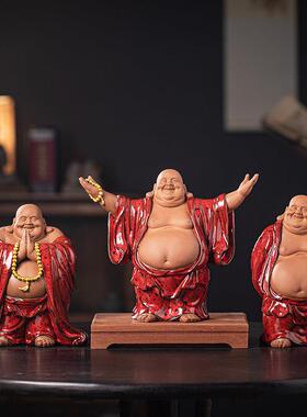 中式喜迎天客弥勒开佛摆件陶大肚笑佛瓷下客厅玄关招JZ-YHX24财业