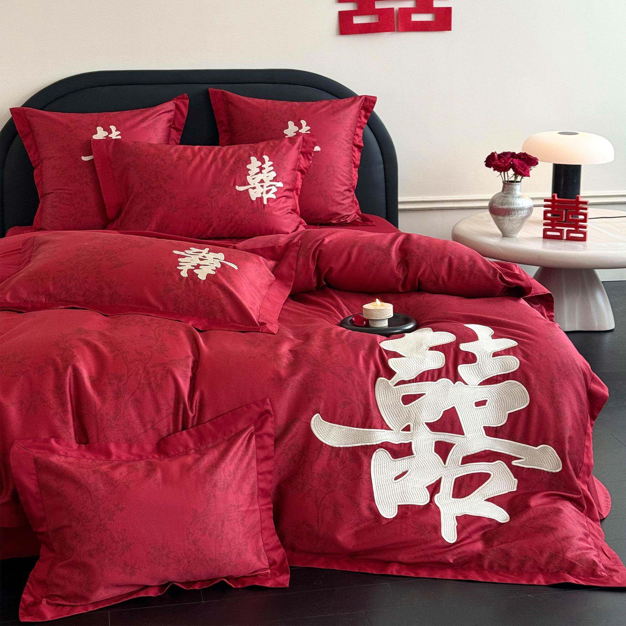 婚中金YJA色式大喜字刺绣庆四件组全棉数码印花红色结婚被床套单