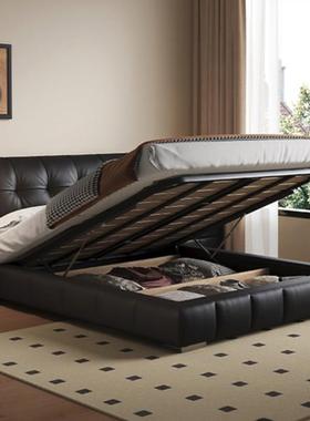 法式风真皮牀黑色主卧复古风中小户型三抽储古物1.中m5m1.8双018