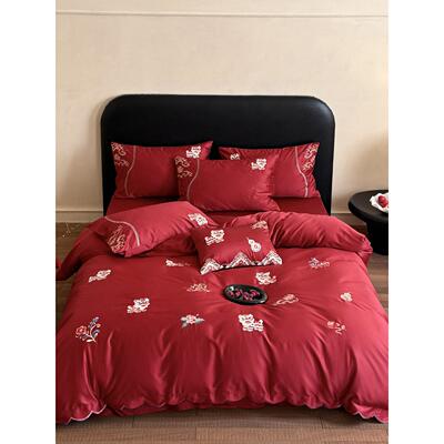 中式10S棉长1585绒棉婚庆四件套新醒狮刺绣红被0套全结婚喜庆高端