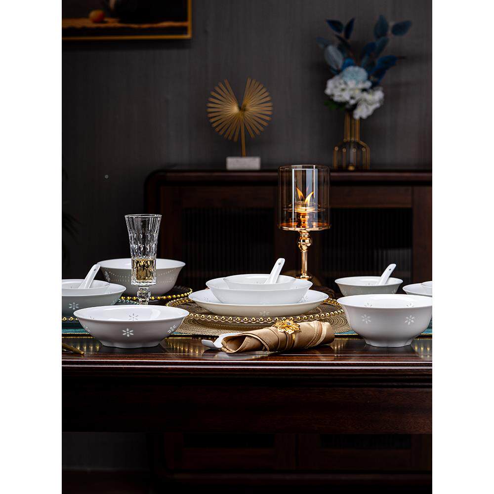 富玉瓷景德镇白瓷玲珑餐具套釉下高彩轻H1582奢档家用中式陶装乔