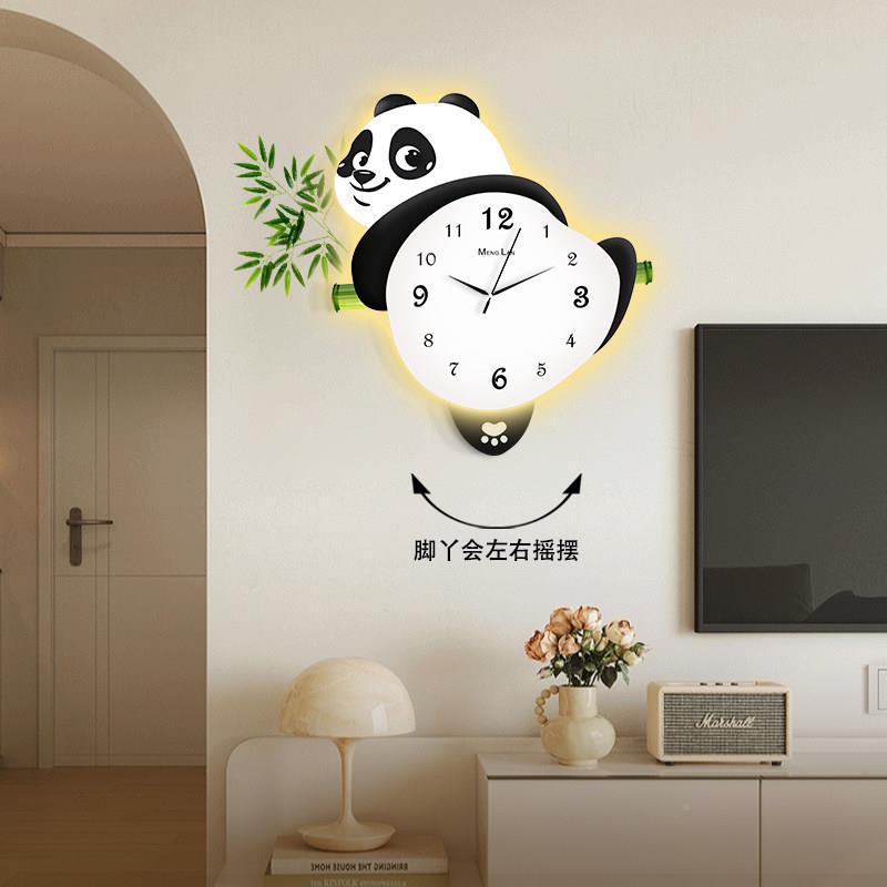 熊猫客厅挂免钟时尚创意时音钟壁灯挂卧室打孔表家ZB用静摇摆钟表