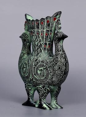 仿古青铜摆杯件青铜双凤樽酒吉祥鸟尊花瓶古玩AFA装饰艺品工花插
