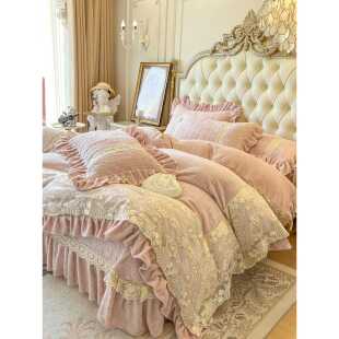 冬季雕花奶床上四件套公主风双珊瑚绒绒蕾丝花边被套牛加UTZ厚面