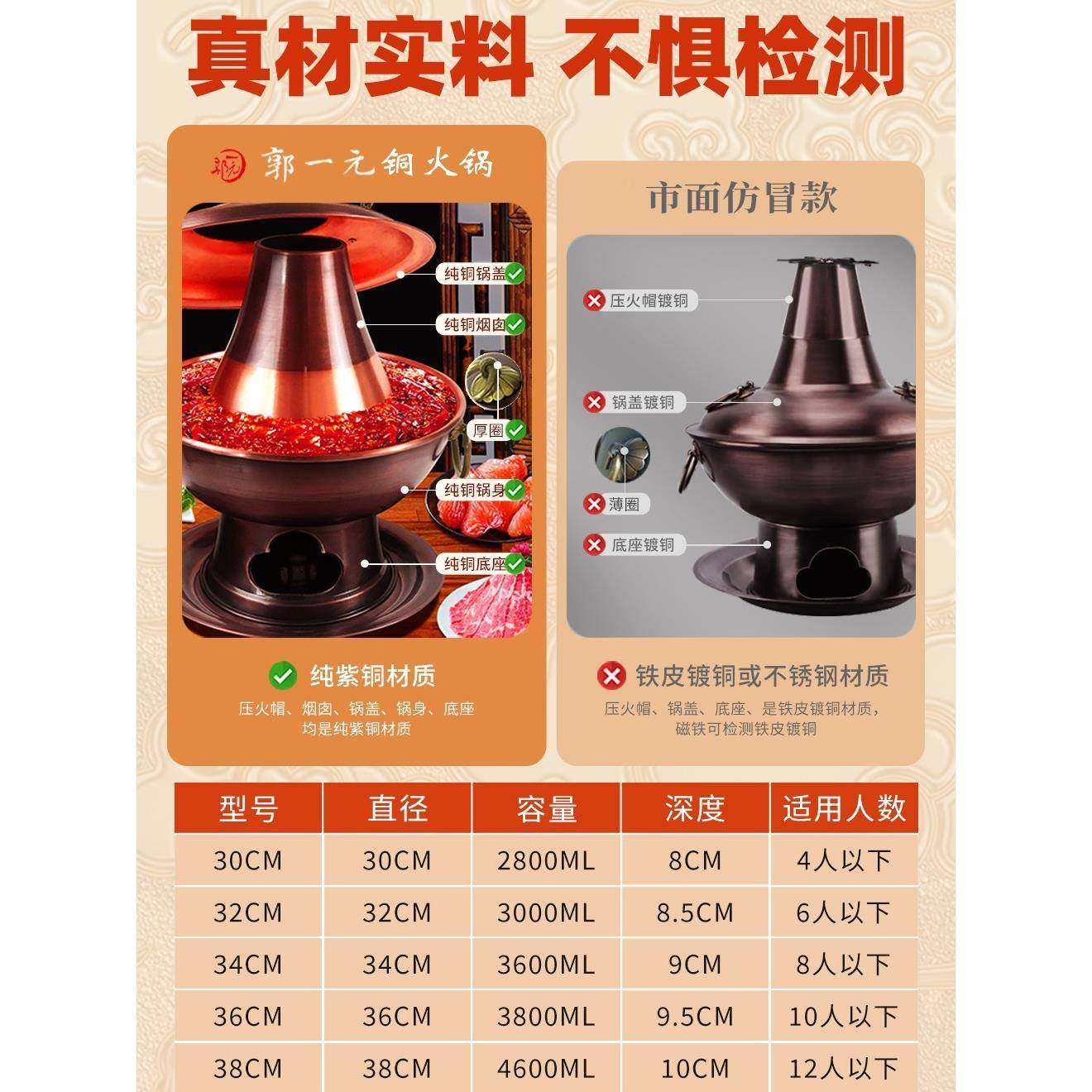 GYY8016 木炭火锅铜火古锅老北京鸯锅铜锅具加鸳厚纯炉铜老式复分