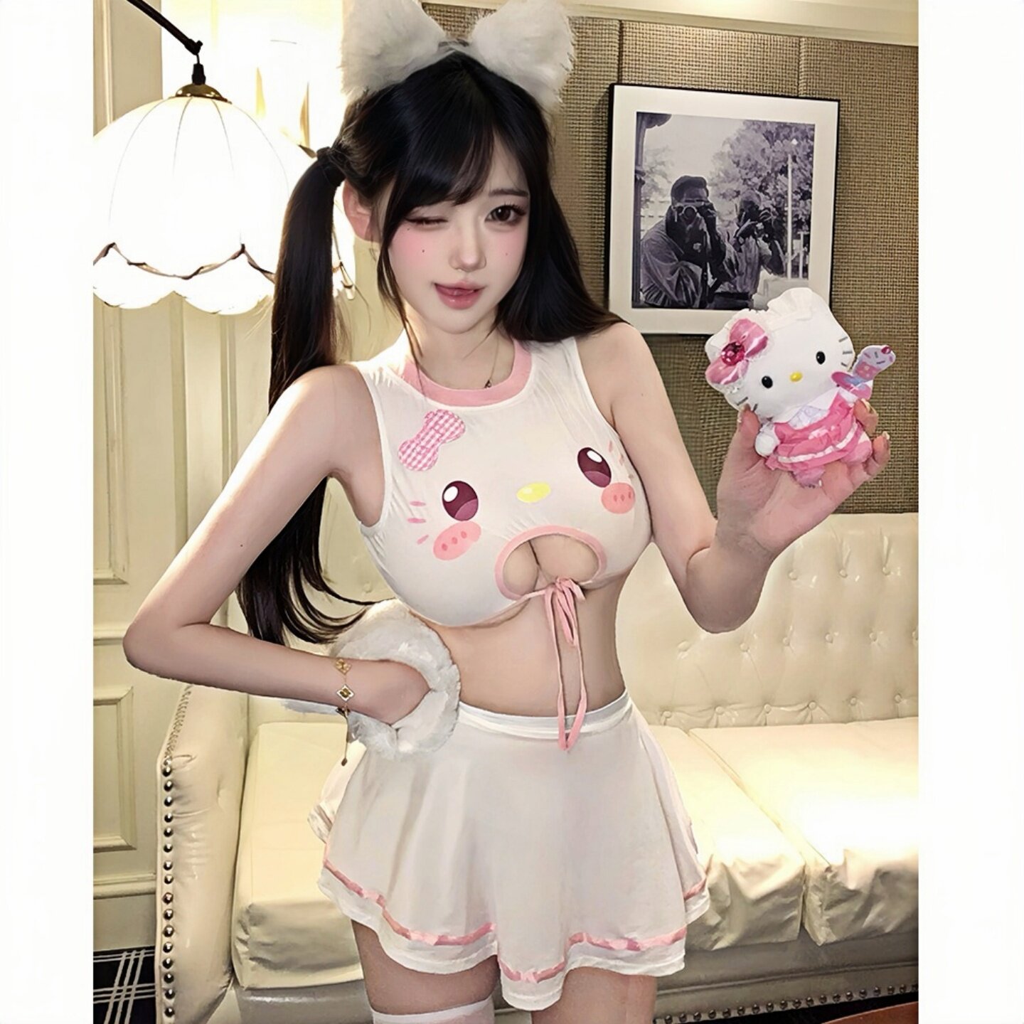 性感睡衣两件套女可爱猫咪内衣短裙套装免脱制服纯欲qqny情侣约会
