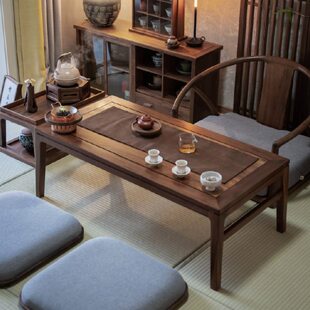 新中式席地茶桌榻榻米禅意北美黑胡桃木炕桌飘窗阳台茶室家具组合