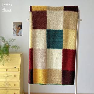 覆古ins风色格子半边三角针绒毛毯办公室午彩睡JAY沙发毯床尾盖毯