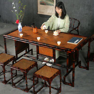 仿古中式大漆筇竹竹制家具茶几方茶桌椅组合方桌休闲茶室茶道家具