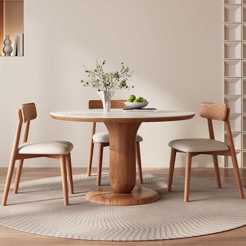 北欧复古风胡桃色圆形岩板实木餐桌椅组合家用网红W高端餐厅吃饭