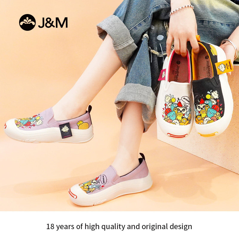 J&M/快乐玛丽女鞋2025秋季新款帆布鞋一脚蹬女士涂鸦浅口休闲单鞋