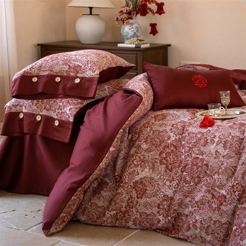 中式婚庆100S长绒棉四件套喜庆浮雕提花床上用品全棉结婚床单被套