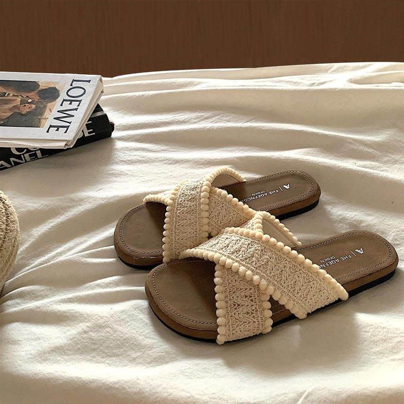 ins法式温柔晚晚风平底拖鞋女夏季外穿百搭编织罗马沙滩一字拖鞋,女鞋,一字拖,淘宝优惠券,粉丝福利购,淘宝优惠卷