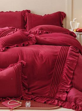 新冬婚庆牛奶绒保暖四件套LBV加厚红色法式季花结边被套床上款用