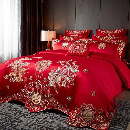 结婚四套件HQDH婚全庆大红色棉刺绣床单婚嫁床品被喜床盖十件套1.