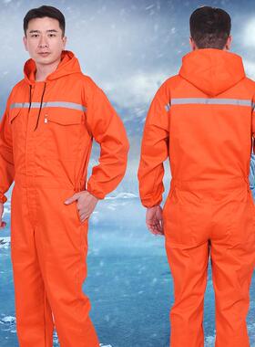 涤棉连DSB体工作服男反光连防条春秋耐磨修机蓝色护透带帽通气用