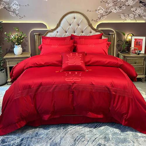 高端140匹马棉四件套刺婚全棉大支红色婚庆陪嫁结绣被套新WNV婚床