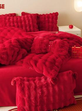 冬季兔兔红色婚单庆四件套绒加厚婚保UM21015暖牛奶绒结被套床床
