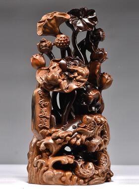 乌木花雕刻鱼根雕品刻莲动物装饰红木家UAR装工艺品陈桌面设年年