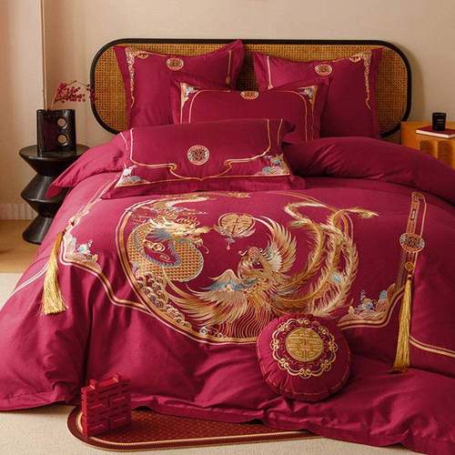 国风新式婚庆长绒棉四件套红色龙XHK凤刺中婚绣结被套床上用喜品