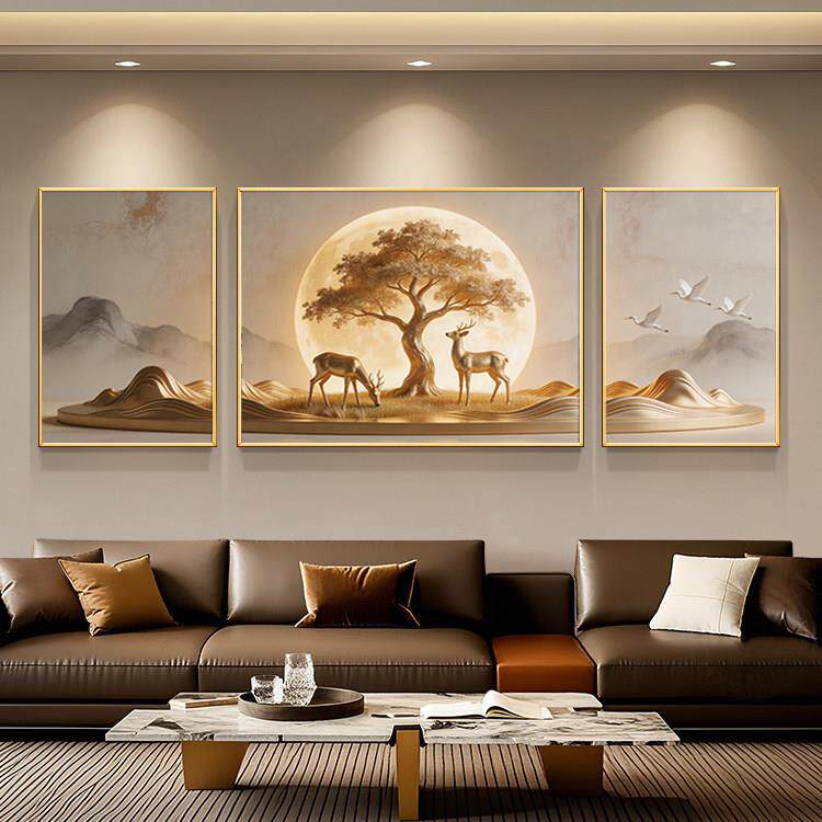 现发代约客厅装饰画三联画沙背景墙有挂画简山水鹿月客厅-金框画