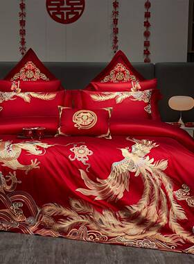 龙凤大红色10s长绒棉刺绣2棉全新婚礼结被婚四ZD20210件套婚庆套
