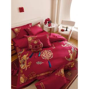 中式 龙凤重工刺绣婚庆庆床品四件套全棉喜色结婚被套红RNC.2米床