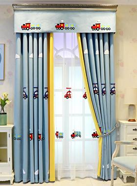 儿童房麻男接窗帘北欧简约棉QPP蓝色孩短帘飘窗卡通拼卧室遮光帘