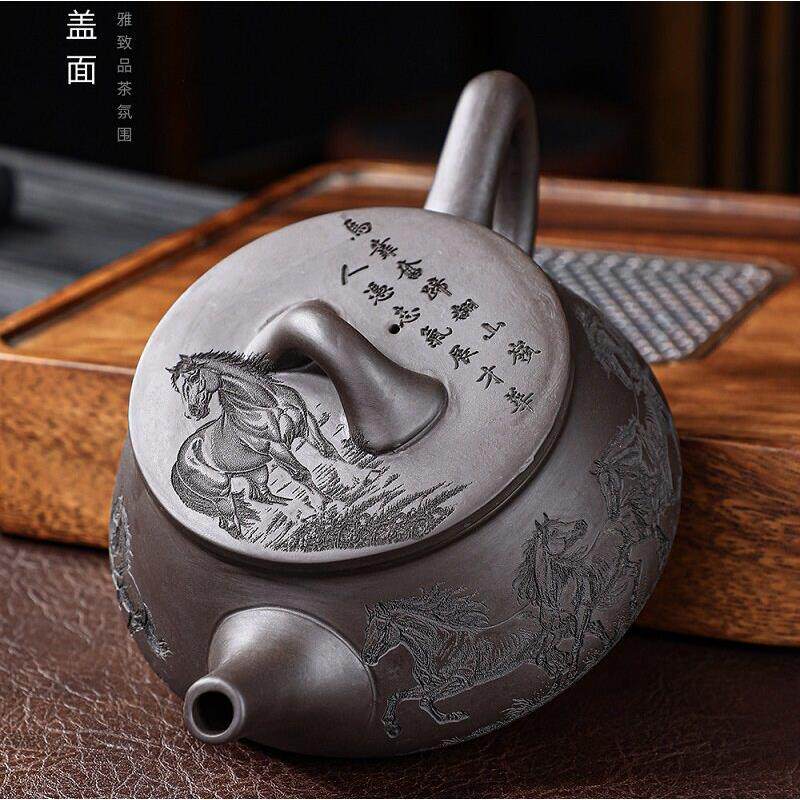 可八骏图雕刻工艺茶ZH-zsh00壶家小巧用泡茶石瓢壶养高档紫砂凤鸣