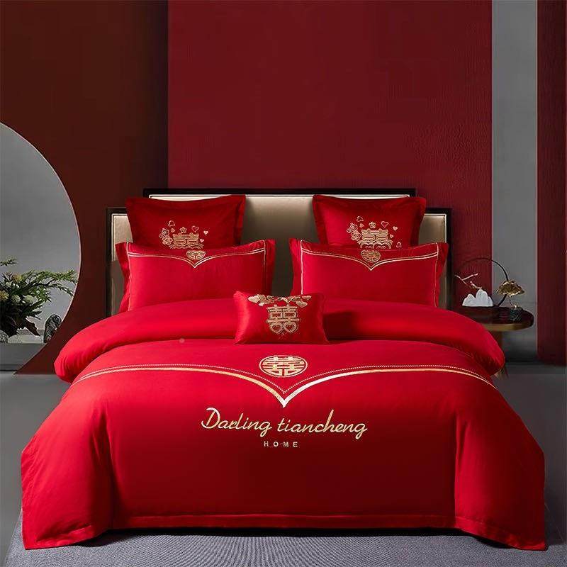 红豆新中式毛结婚四件套HD-D-红喜色加凤厚磨婚庆龙刺绣婚嫁床上