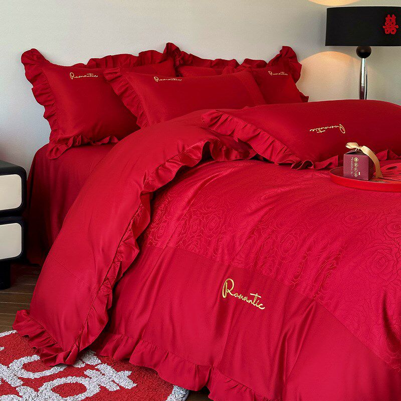 礼盒100支婚庆四件套红色喜庆陪嫁被套纯棉床单简约结婚床上用品4