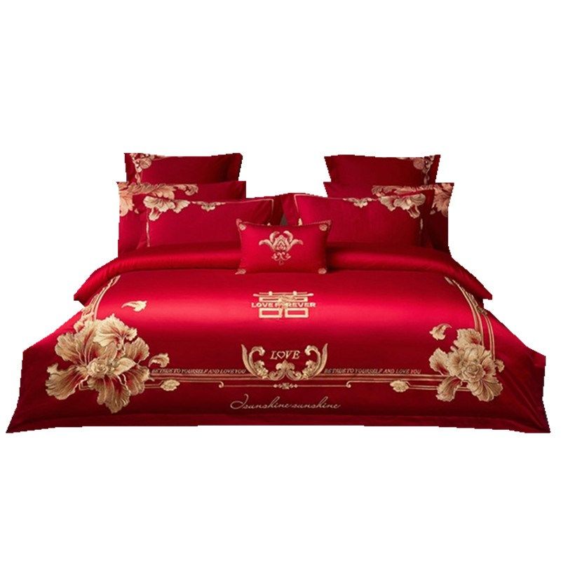 婚庆高档纯棉四件套大红刺绣结婚陪嫁全棉新婚房中式简约床上用品