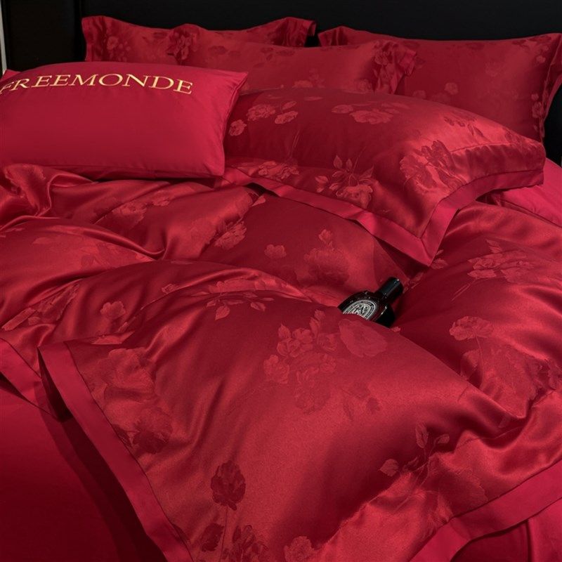 高级感纯棉提花婚庆四件套红色结婚全棉被套床单新婚喜被床上用品