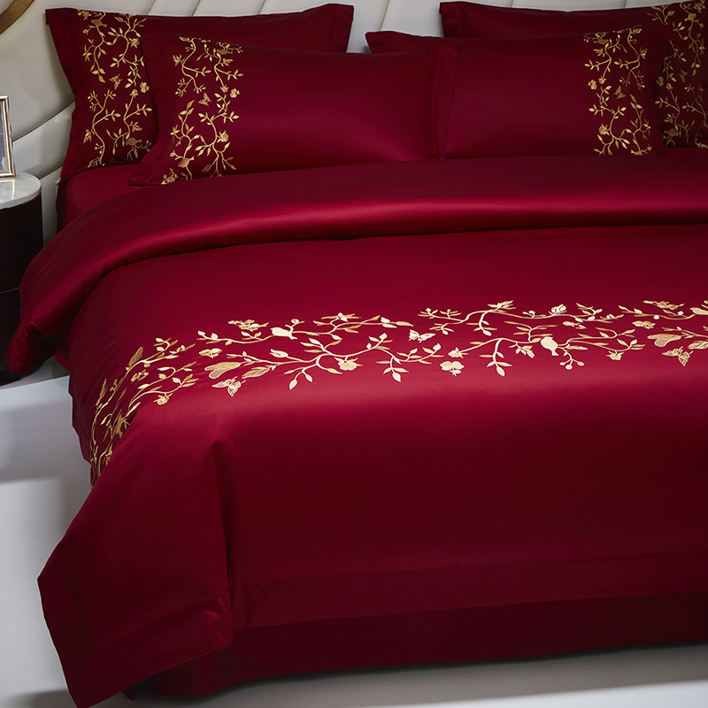 高端婚庆四件套100S长绒棉红色刺绣被套纯棉床单结婚礼物床上用品