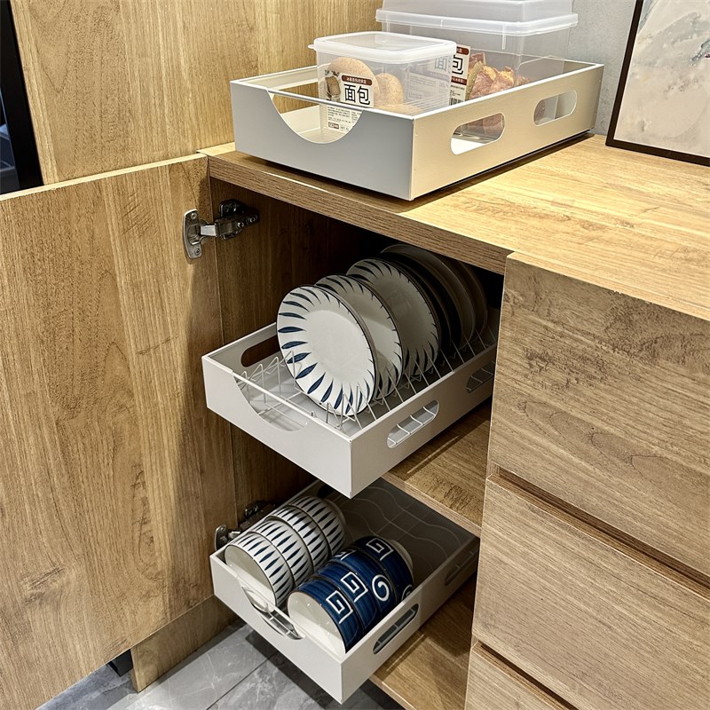 橱柜抽拉式碗碟沥水架碗筷餐具滑轨式置物架厨房抽屉式收纳拉篮