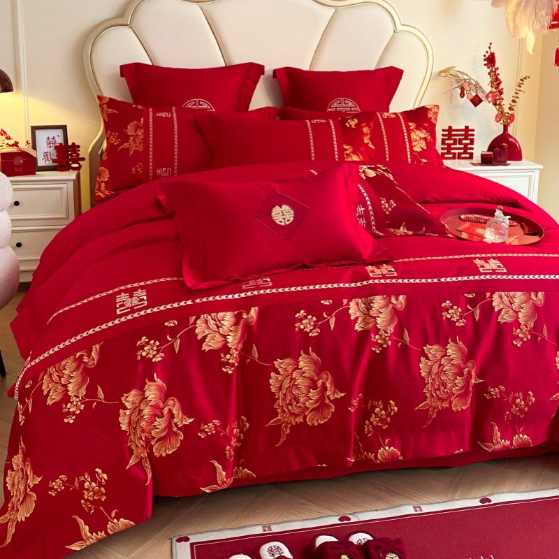 中式刺绣结婚四件套大红色新婚床单被套婚庆床上用品婚房陪嫁