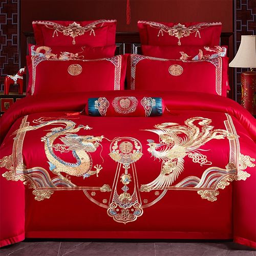 140支加厚全棉婚庆四件套大红刺绣龙凤新结婚房喜被纯棉床上用品