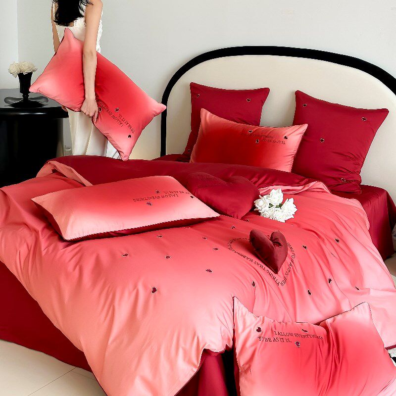 浪漫爱心100支长绒棉全棉婚庆四件套纯棉渐变色被套结婚床上用品4