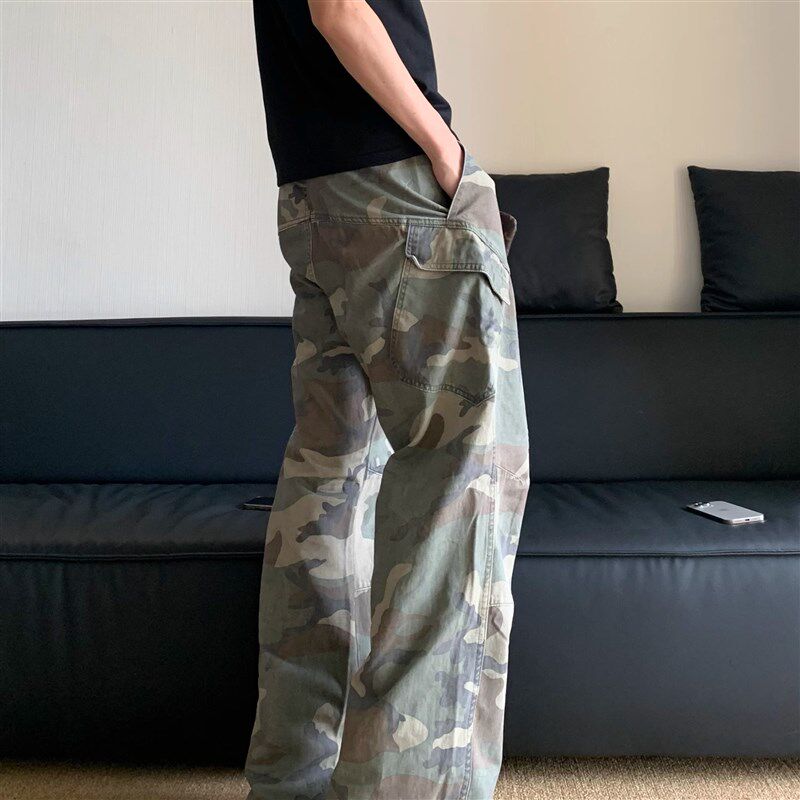190高个子加长美式迷彩牛仔工装裤男宽松直筒高街夏季薄款阔腿裤