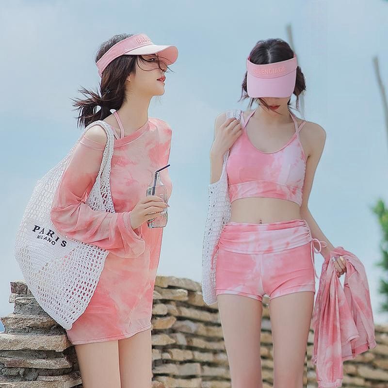 泳衣微胖女孩粉色系遮肚分体保守显瘦防晒罩衫泡温泉海边三件套