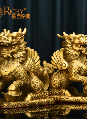 铜麒麟摆件一对纯铜财富麒麟家居客厅办公室装饰工艺品