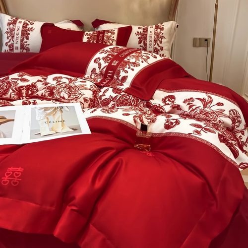 高档中式结婚四件套大红色床单被套全棉纯棉婚庆床上用品婚房婚嫁