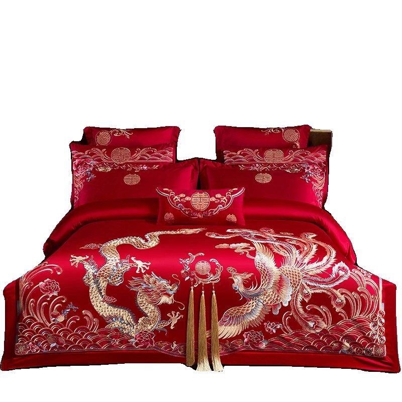 高档龙凤刺绣结婚四件套红色婚房陪嫁被套纯棉婚庆床上用品六件套